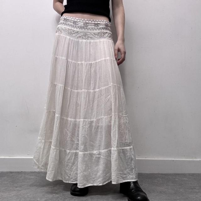 White flared embroidered maxi skirt