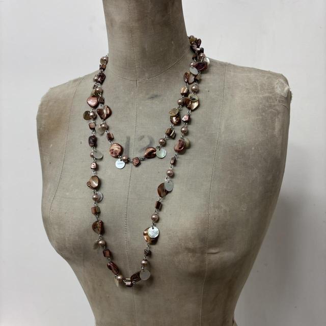 Brown layered chain pearl necklace