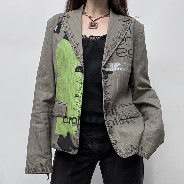 Khaki pinstripe graphic printed blazer jacket