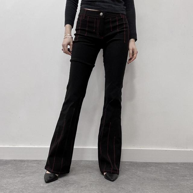 Black contrast stitch flared suit trousers