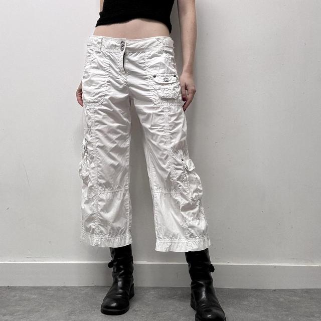 White utility cargo capri pants