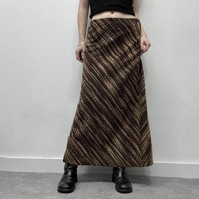 Brown pinstripe patterned wool maxi skirt