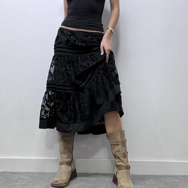 Black tiered velvet floral patterned midi skirt