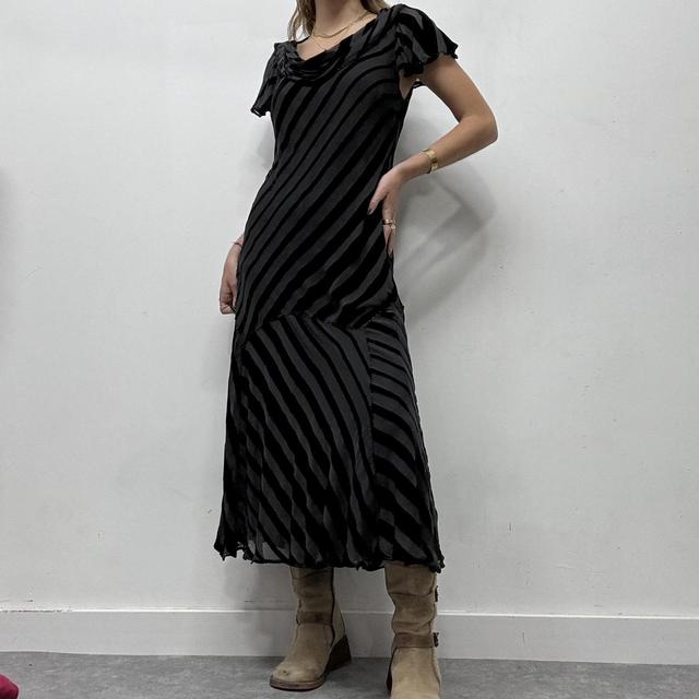 Black bias cut striped velvet maxi dress