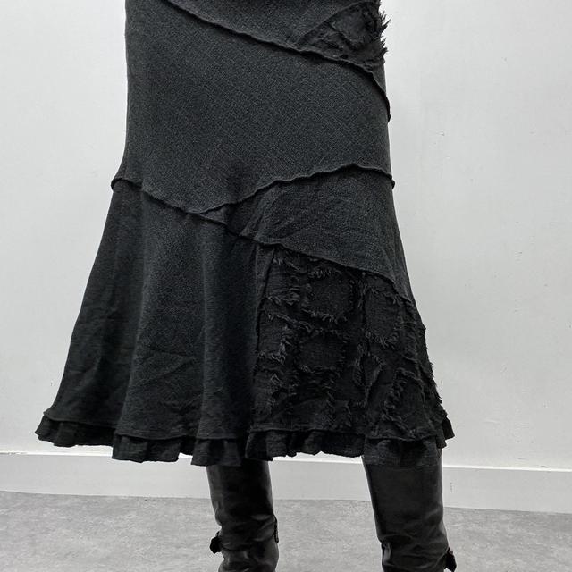 Grey wool tweed flared lace midi skirt