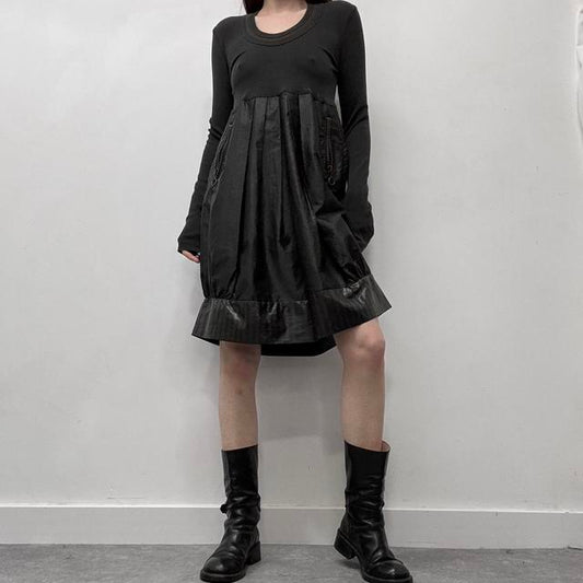 Pinstripe nylon pleated puff mini dress