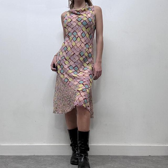 Pink checked print cowl neck midi dress