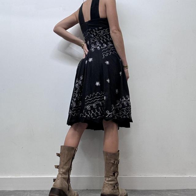 Black boho embroidered flared midi dress