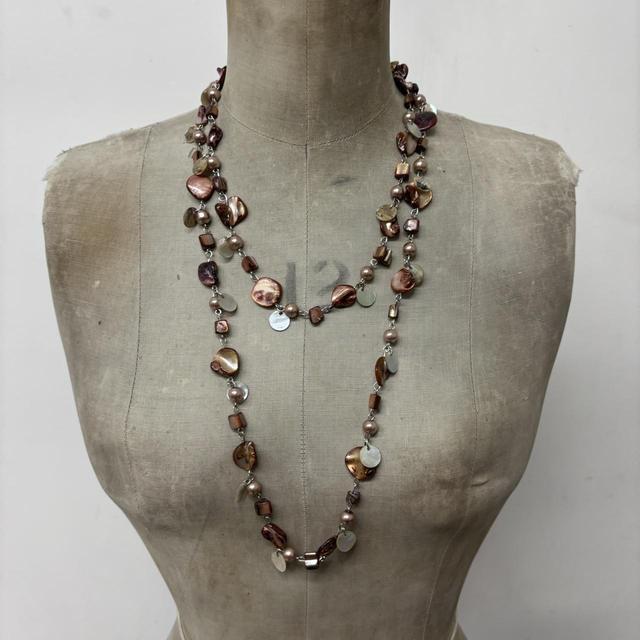 Brown layered chain pearl necklace