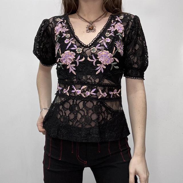 Sheer black lace embroidered top