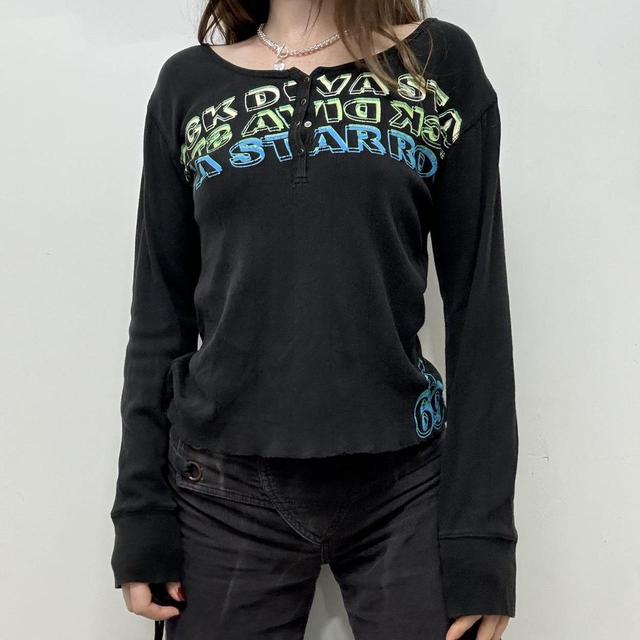 Black ribbed graphic print top