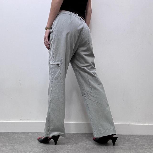 Wide leg flared khaki distressed utility trousers
