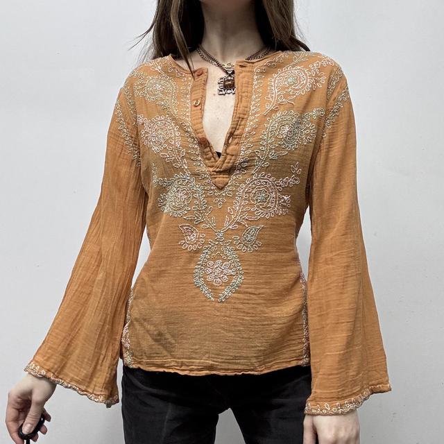 Orange cotton embroidered flared shirt