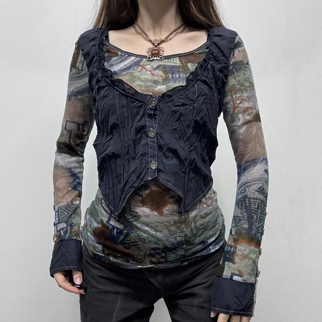 Sheer graphic patterned layered waistcoat top