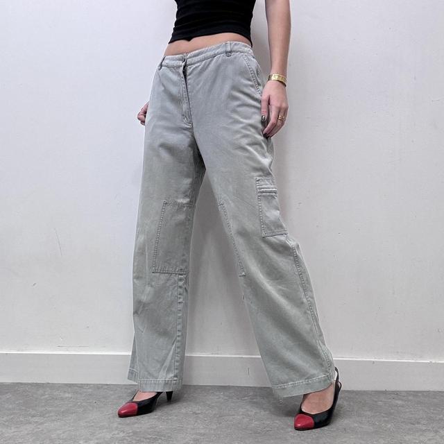 Wide leg flared khaki distressed utility trousers