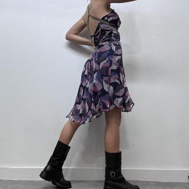 Graphic patterned flared silk flutter dress