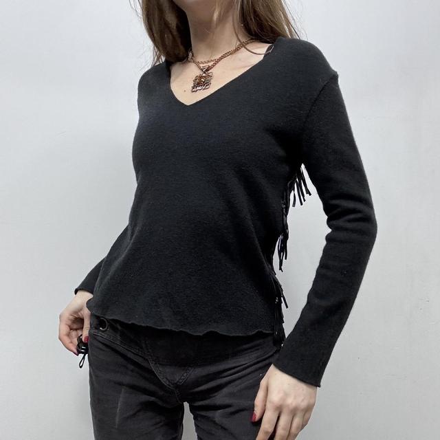 Black wool knit fitted tassel jumper