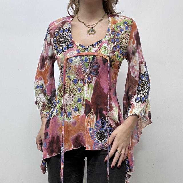 Flared graphic paisley fairy mesh top