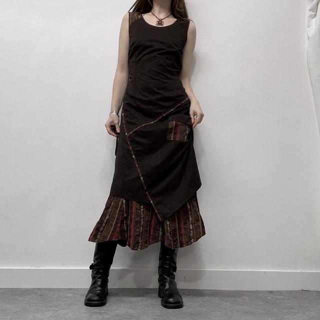 Brown pinstripe asymmetric maxi dress