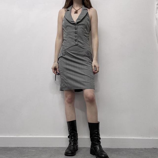 Grey officecore waistcoat halter dress