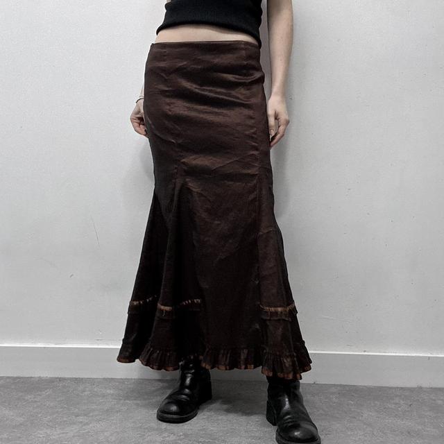 Brown satin flared maxi skirt