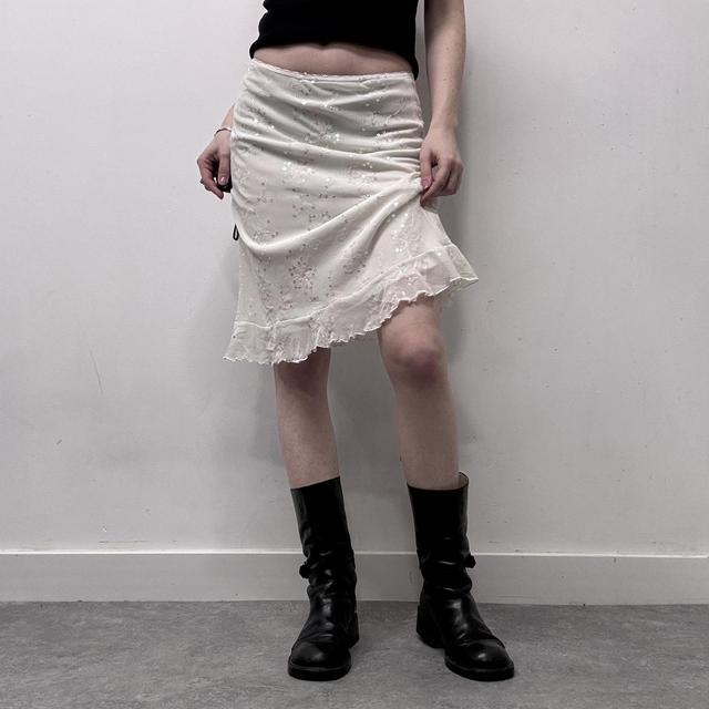 White embellished mesh mini midi skirt
