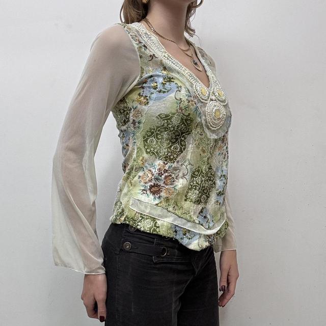Flared fairy floral sheer mesh top