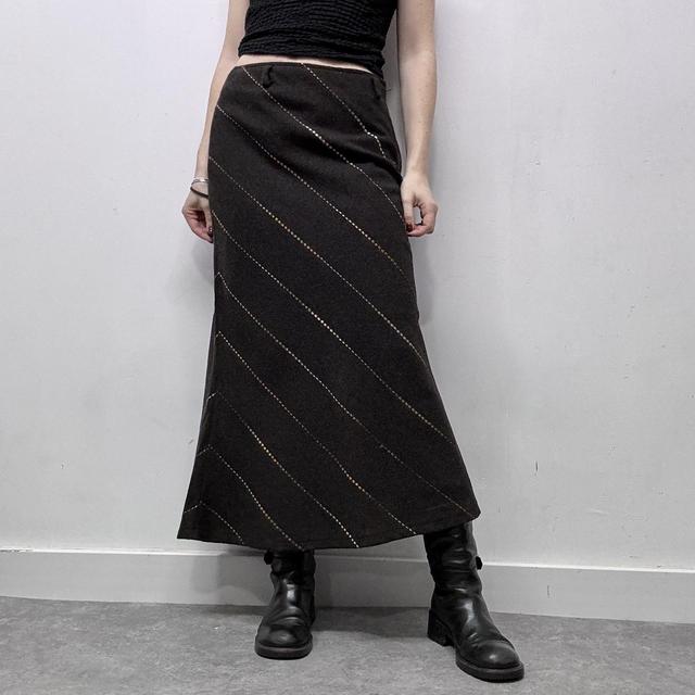 Brown pinstripe diagonal wool midi skirt