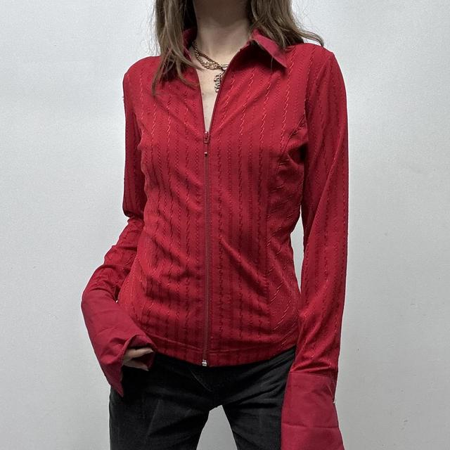 Red zip up pinstripe flared shirt
