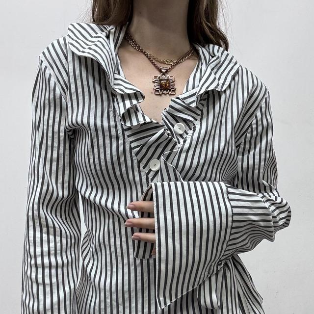 White pinstripe wrap ruffle shirt