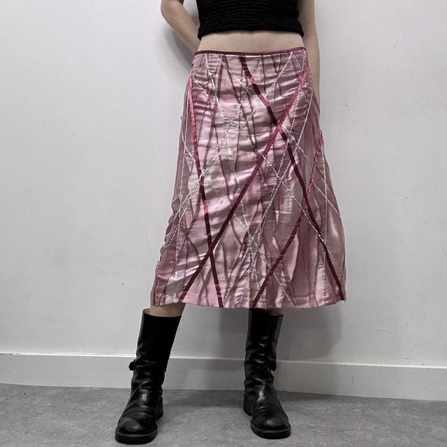 Pink satin ribbon embeslished midi skirt