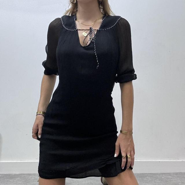 Black crinkle silk bow neck mini dress