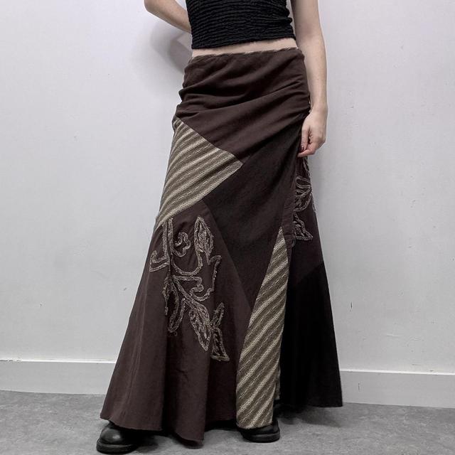 Brown pinstripe patchwork asymmetric skirt