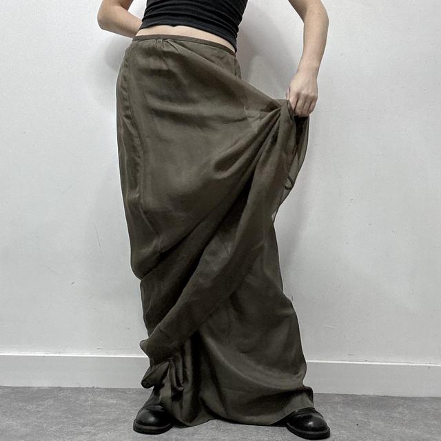 Khaki green sheer layered silk maxi skirt