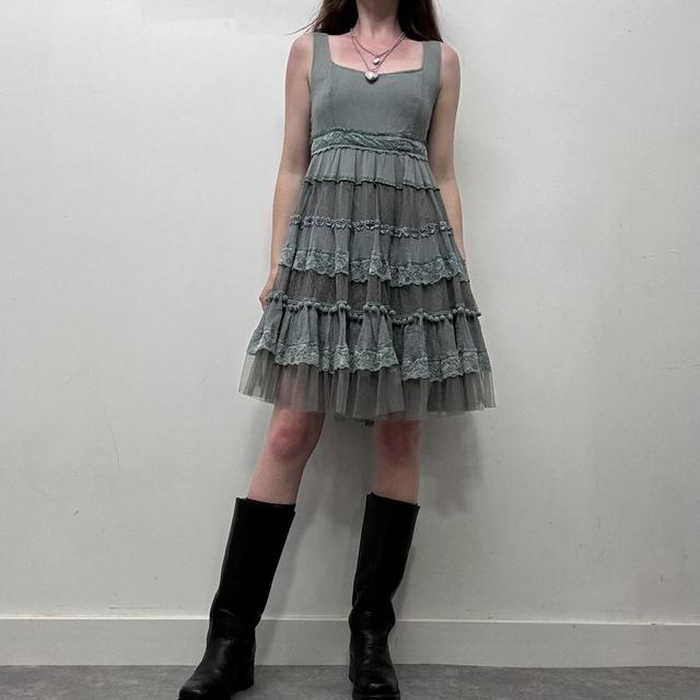 Flared lace mesh ruffle dress