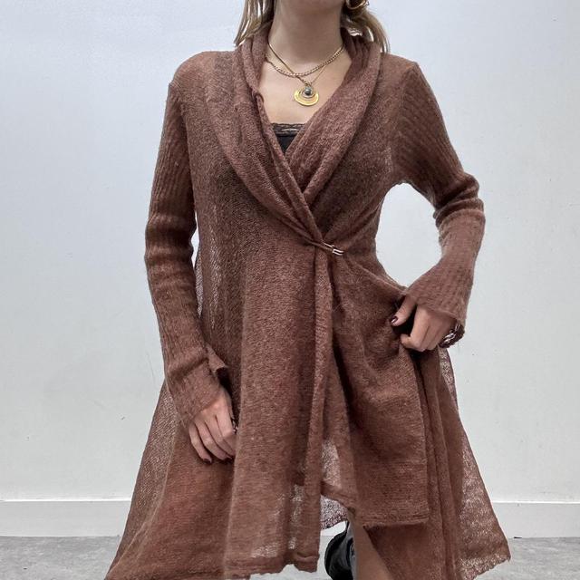 Brown sheer watefall pointelle knit fairy cardigan