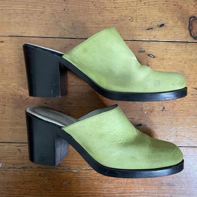 Green leather heel mules