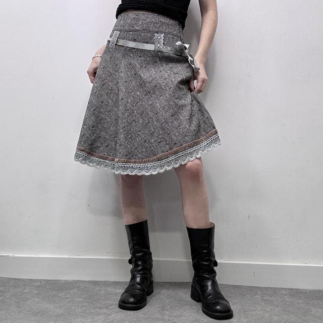 Grey tweed preppy flared lace midi skirt