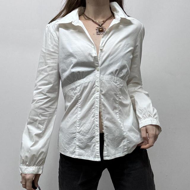 White puff sleeve button up shirt