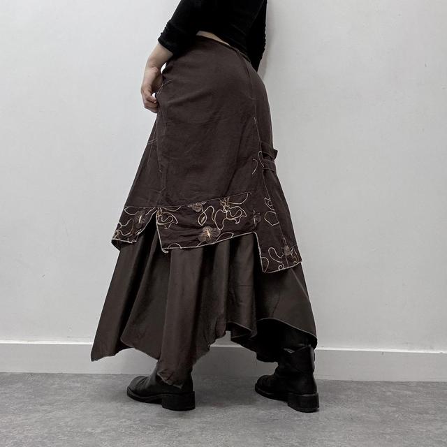 Brown layered embroidered maxi skirt