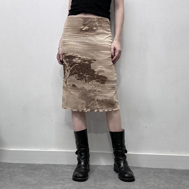 Brown graphic printed mesh midi skirt