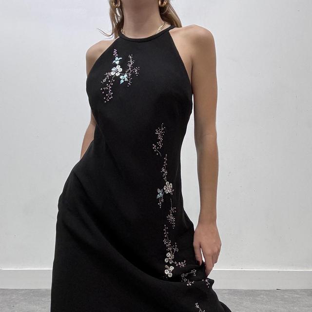 Black floral embelished asymmetric dress
