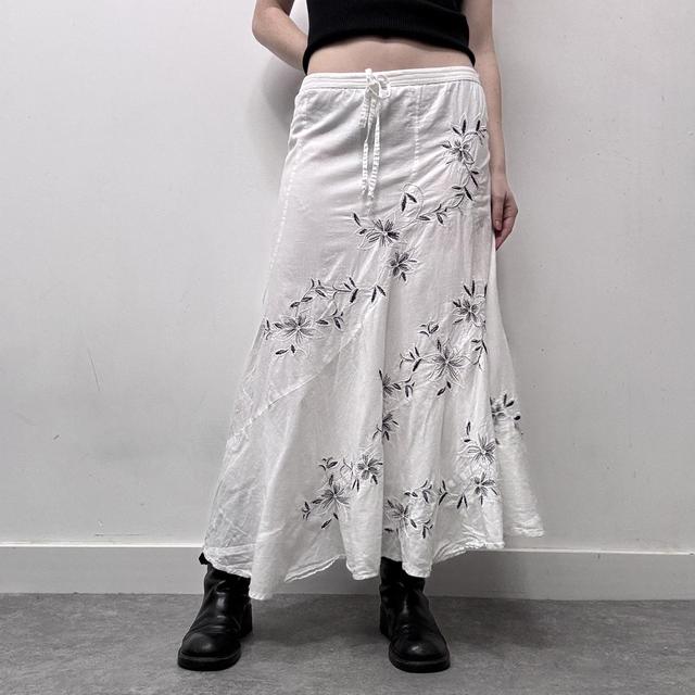 White flared embroidered maxi skirt