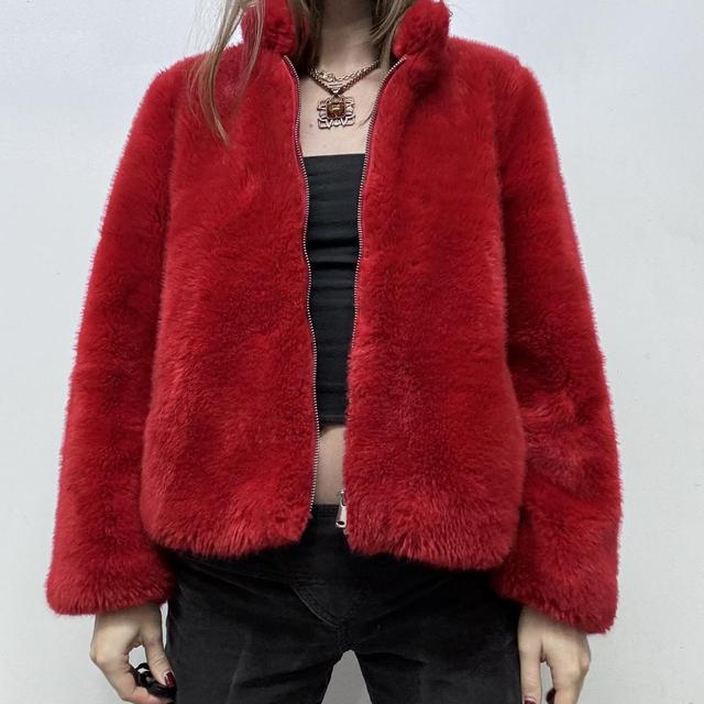 Red faux fur jacket