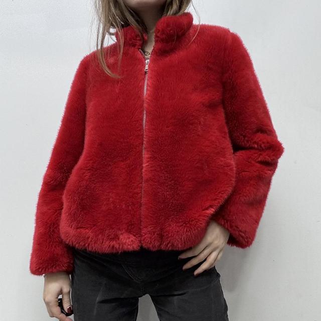 Red faux fur jacket