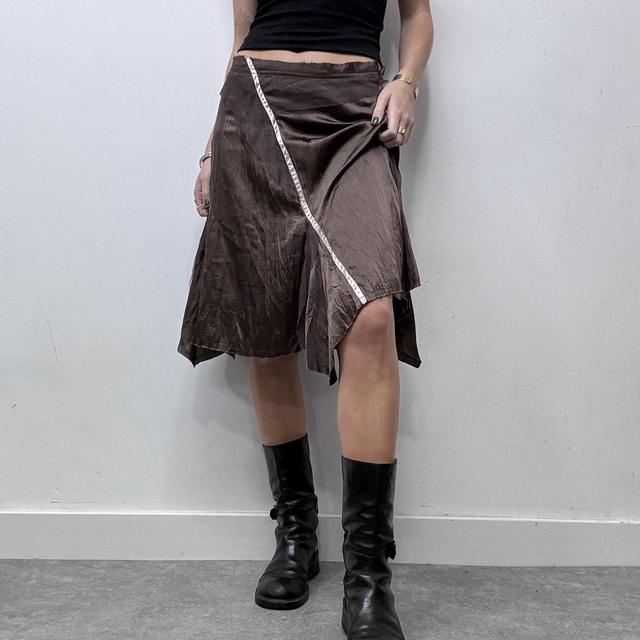 Brown satin asymmetric ribbon midi skirt