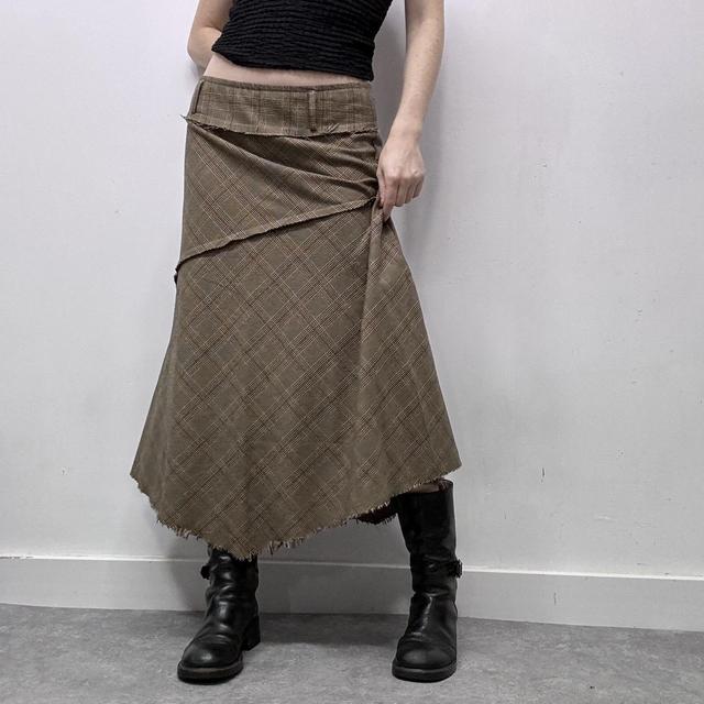 Khaki checked tartan patchwork midi skirt