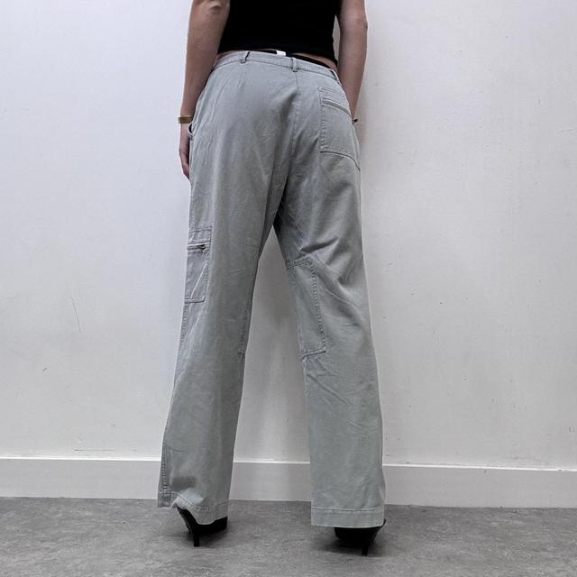 Wide leg flared khaki distressed utility trousers