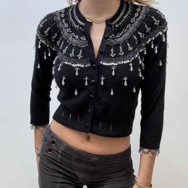 Black cropped beaded cardigan