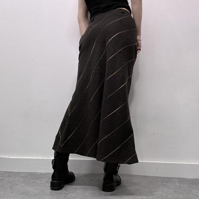 Brown pinstripe diagonal wool midi skirt
